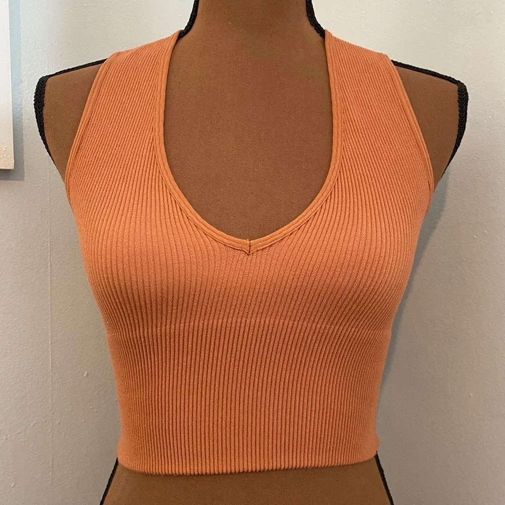 Deep V Orange Cropped Ribbed Bralette - Picture 1 of 5